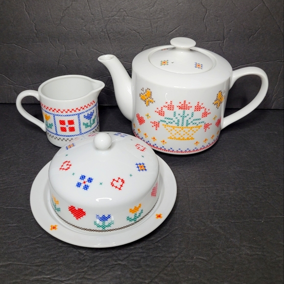 Shafford Japan Heirloom Sampler Patteen Set Teapot Creamer Sugar Cube Dome Dish